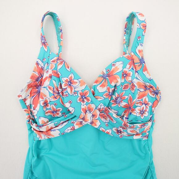 Lands End Tankini Top Blue Coral Floral Twist Front Ruched Built In Bra Size 2 - Picture 2 of 8